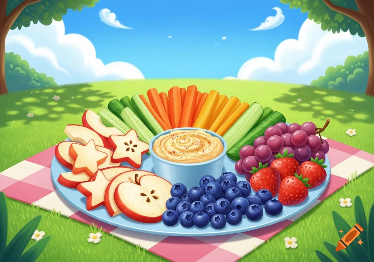 A colorful platter of healthy snacks, including cut vegetables, apple slices, blueberries, strawberries, grapes, and a dip, set on a pink checkered blanket in a sunny park with green grass and trees.