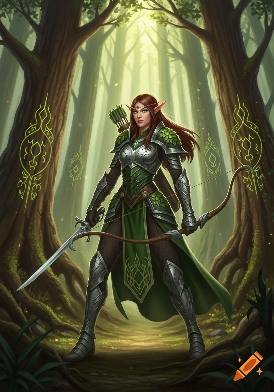 A detailed digital painting of a female wood elf warrior in green and silver armor, holding a sword and bow in a sunlit forest.