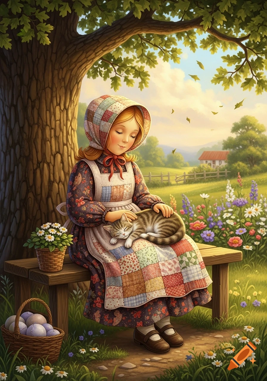 Illustrated girl in a bonnet petting a sleeping tabby cat on her lap while sitting on a bench under a tree in a sunny countryside garden.