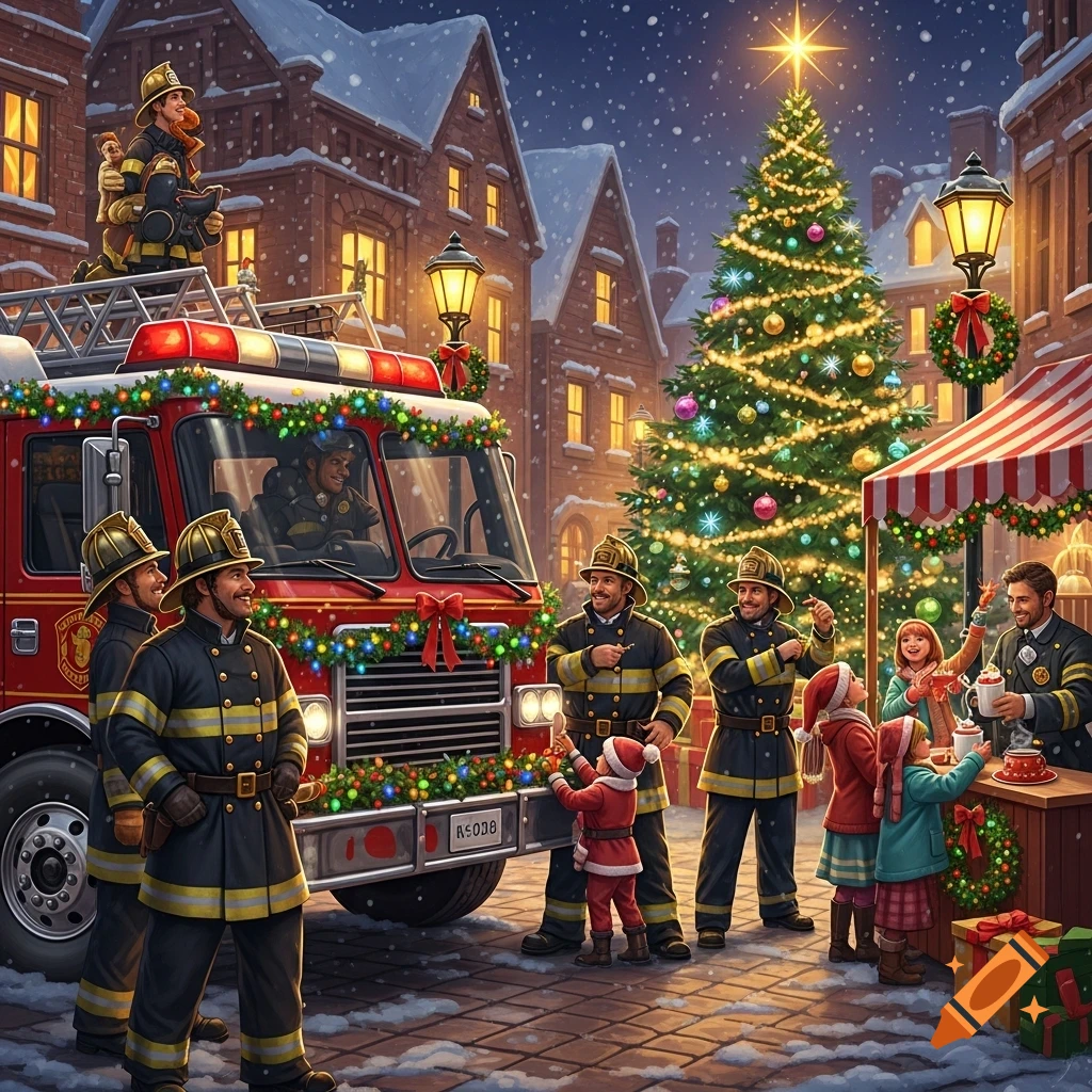 A festive Christmas scene with firefighters, a decorated fire truck, a large Christmas tree, and children receiving drinks in a snowy town square.
