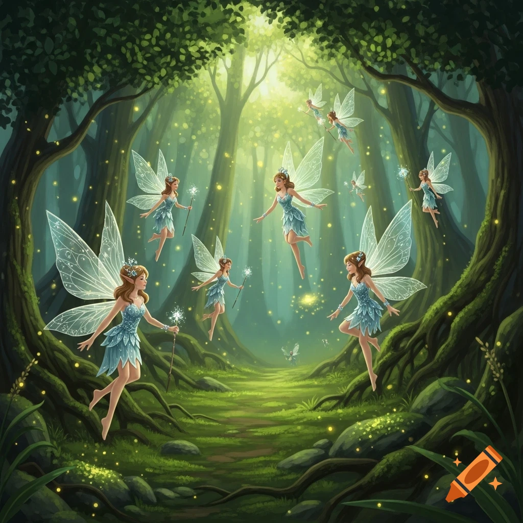 A magical forest scene with numerous fairies, some holding glowing wands, flying and hovering amidst sparkling light.