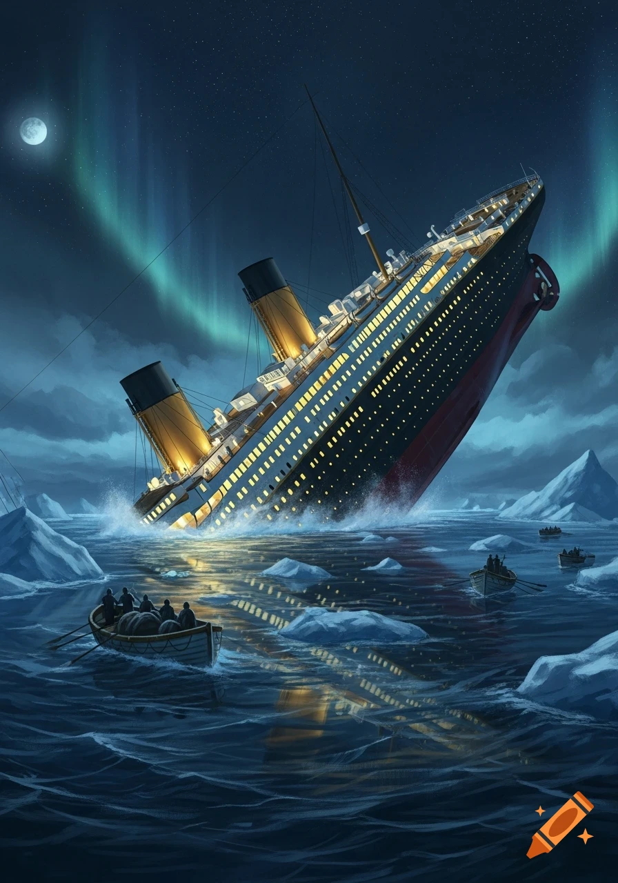 Illustrative painting of the Titanic sinking in icy waters under the aurora borealis, with lifeboats rowing away.