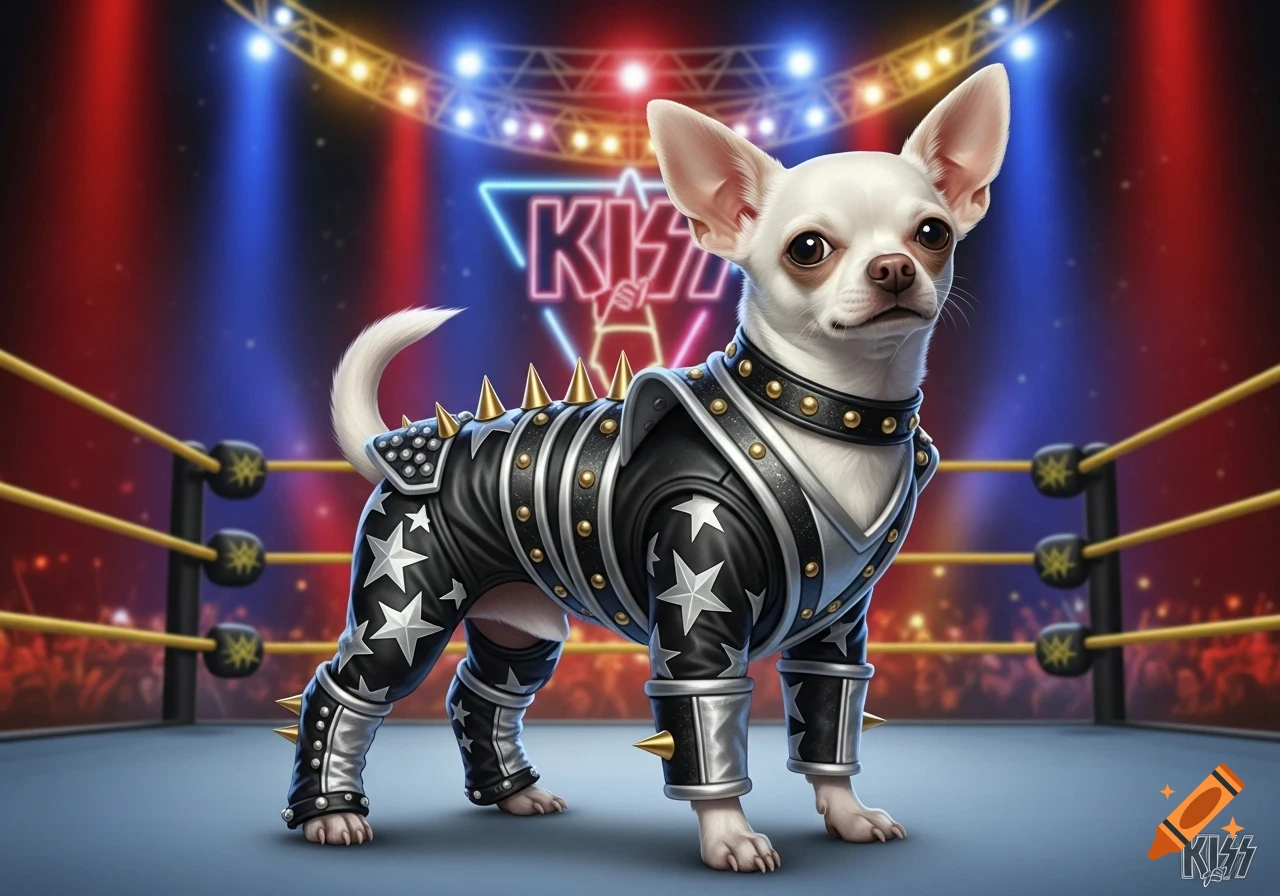 White chihuahua in a spiked, star-studded black and silver wrestling outfit standing in a ring with a neon 'KISS' sign backdrop, digital art.