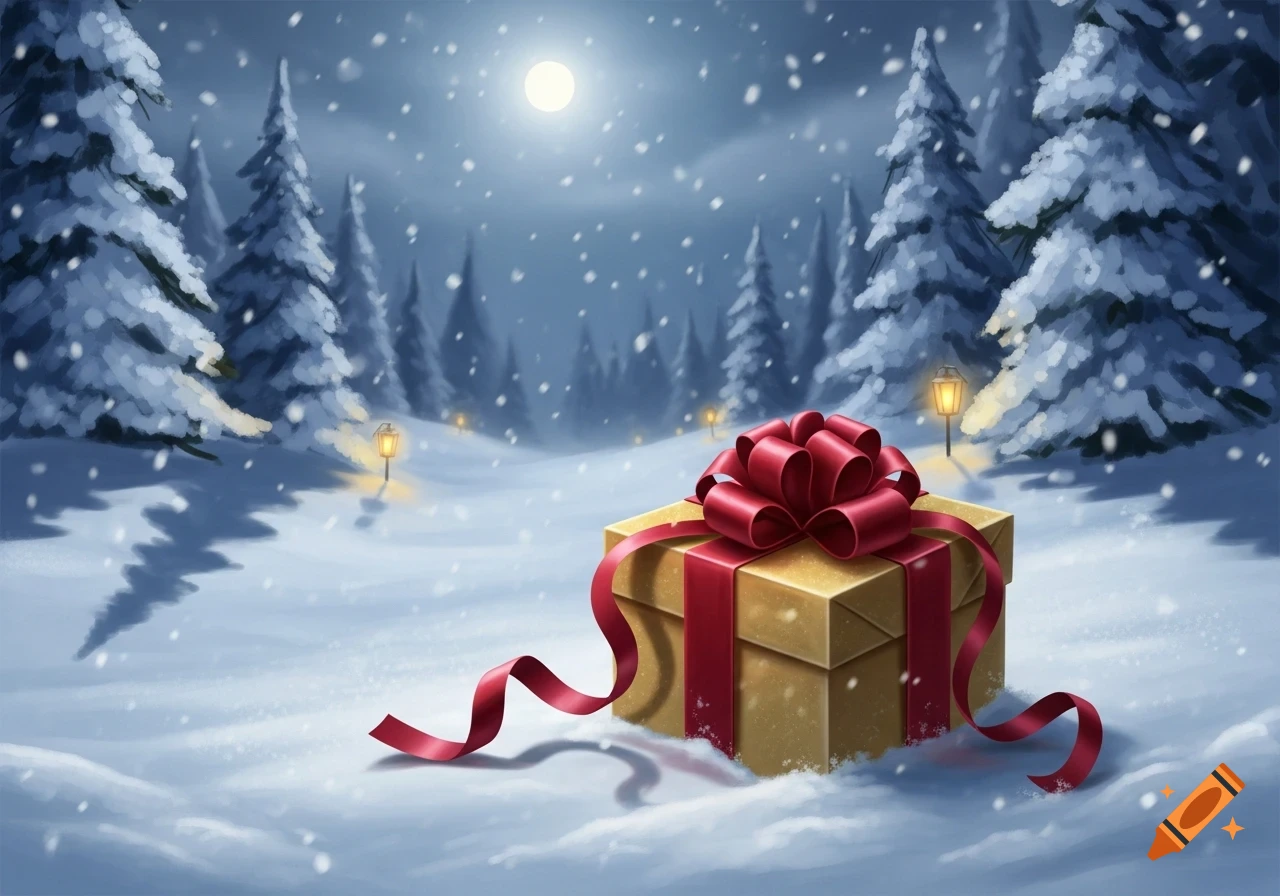 A golden gift box with a red bow sits in a snowy winter forest scene under a full moon, with distant lanterns and falling snow.