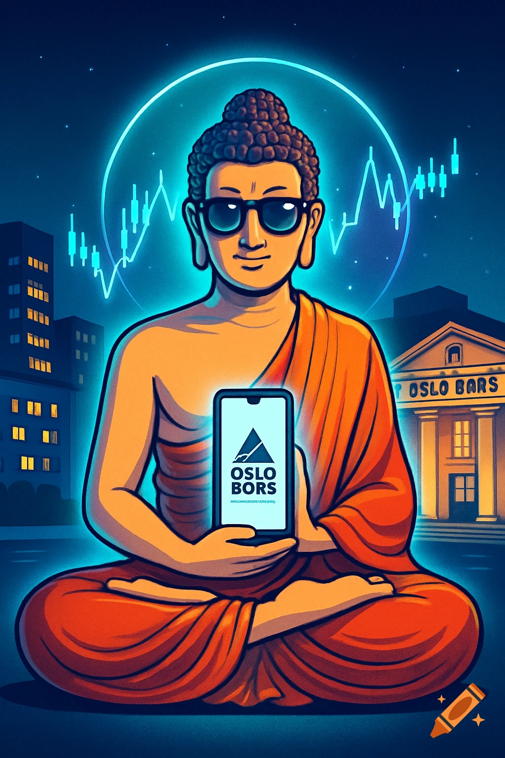 Modern illustration of Buddha wearing sunglasses, holding a smartphone with the "OSLO BORS" logo, with a glowing aura and trading charts in a nighttime city background with the "OSLO BARS" building.