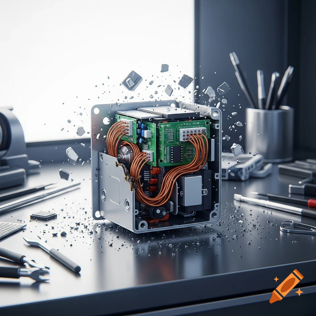 A shattered electronic device with exposed circuit boards and copper wires, surrounded by flying debris on a reflective dark surface.