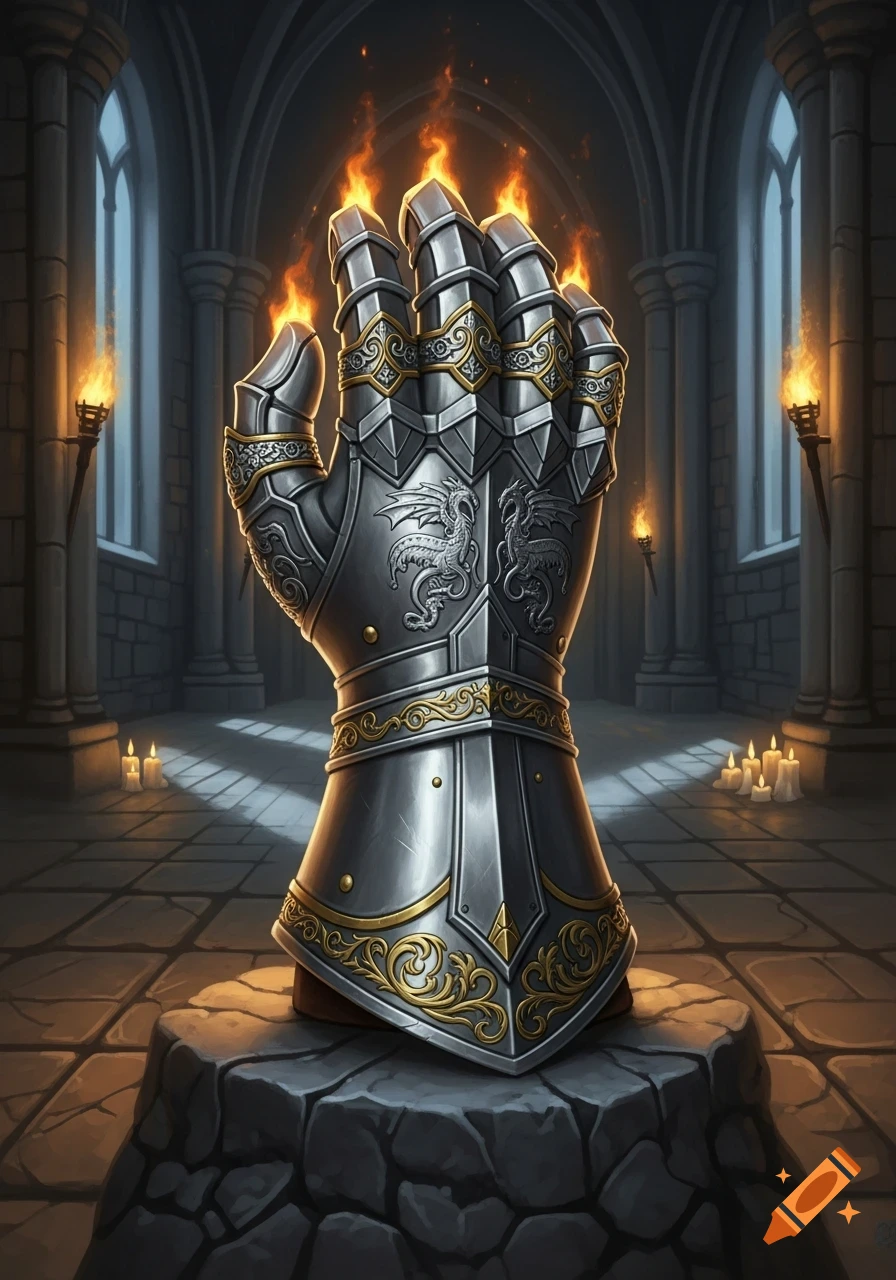 A detailed, fiery silver gauntlet with gold trim and dragon engravings on a stone pedestal in a gothic hall lit by torches and candles.