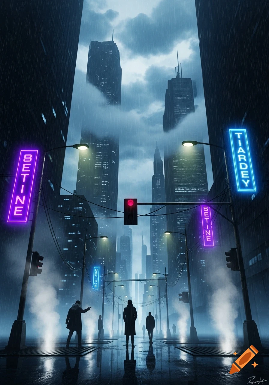 A dark, rainy city street at night with neon signs, tall skyscrapers, and silhouetted figures walking on the wet pavement, in a cinematic style.