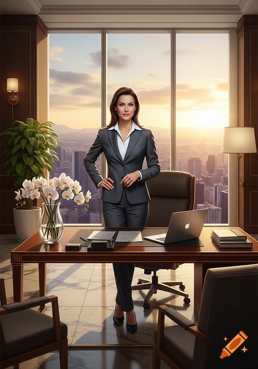 Professional woman in a suit stands in a high-rise office with a city sunset view.