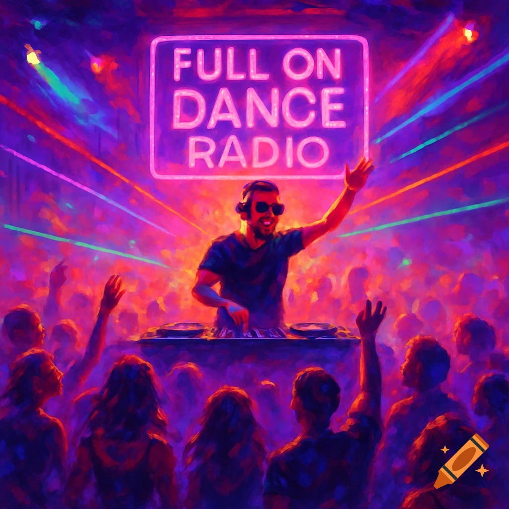 A vibrant, neon-lit nightclub scene with a DJ on stage raising one hand to a dancing crowd below a 'FULL ON DANCE RADIO' sign.