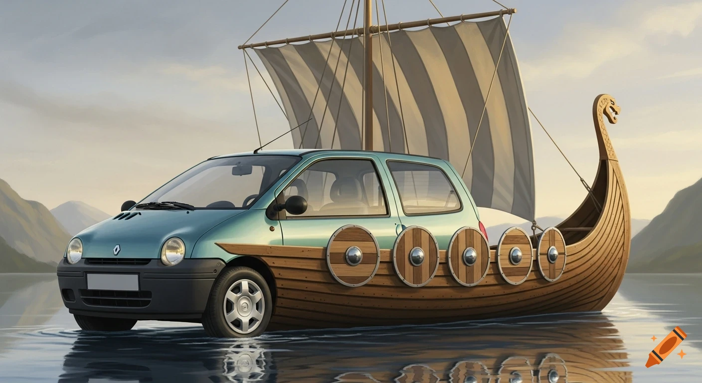 A light blue Renault Twingo I car is merged with a wooden Viking longboat, floating on calm water in a fjord with mountains in the background, in a painterly style.