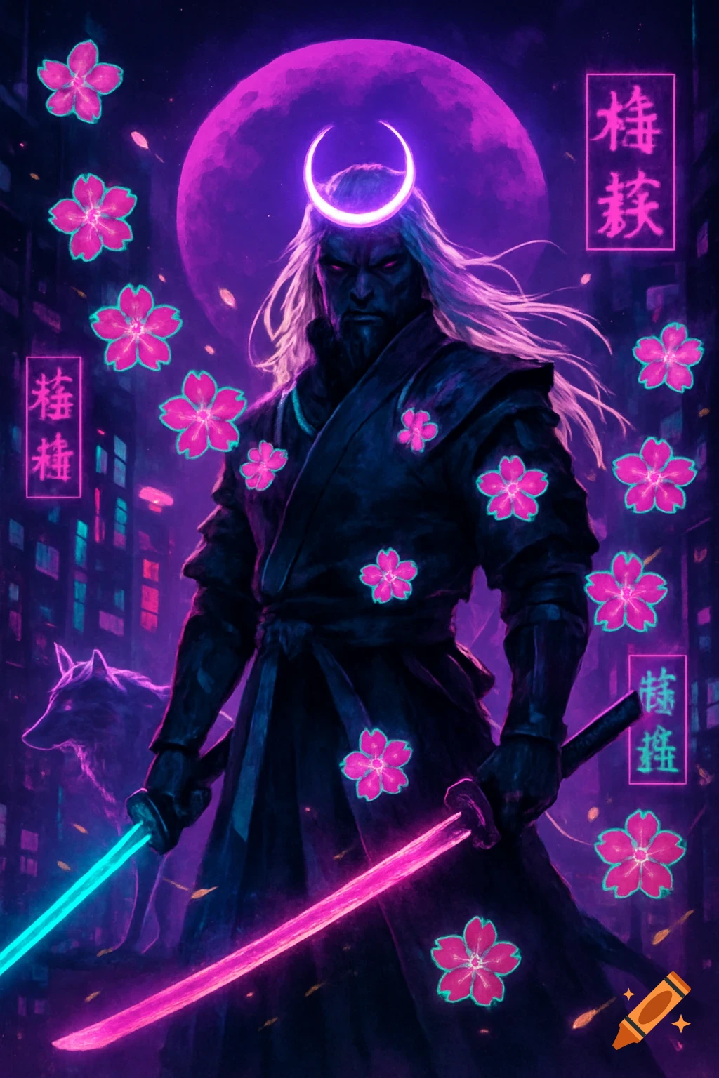 Cyberpunk samurai with long white hair and a glowing crescent on his forehead, holding neon pink and teal katanas. A purple wolf stands behind him, under a giant purple moon with neon plum blossoms and kanji.