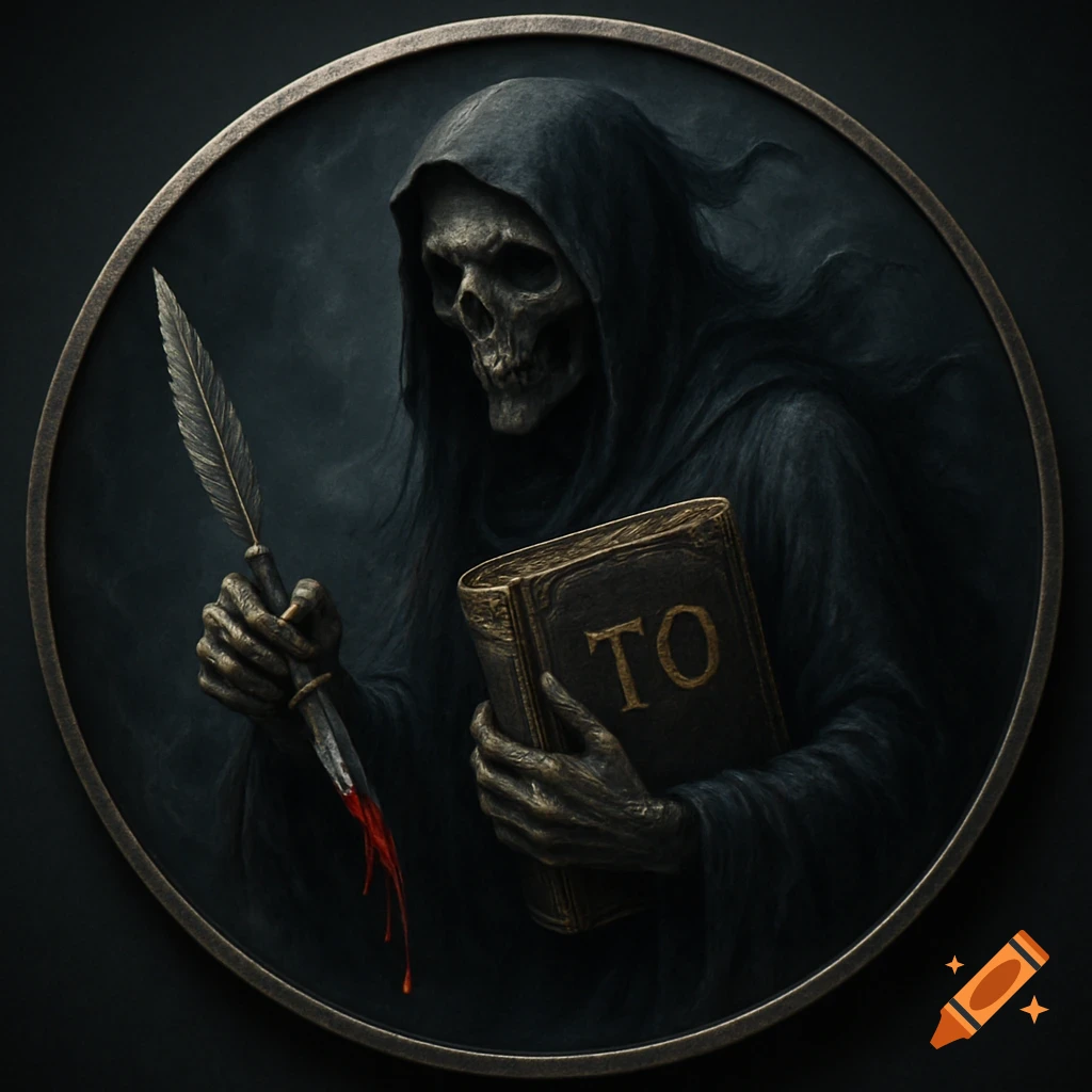 Grim reaper holding an ancient tome with 'TO' on its cover and a quill dripping red ink, in a circular frame, dark fantasy style.