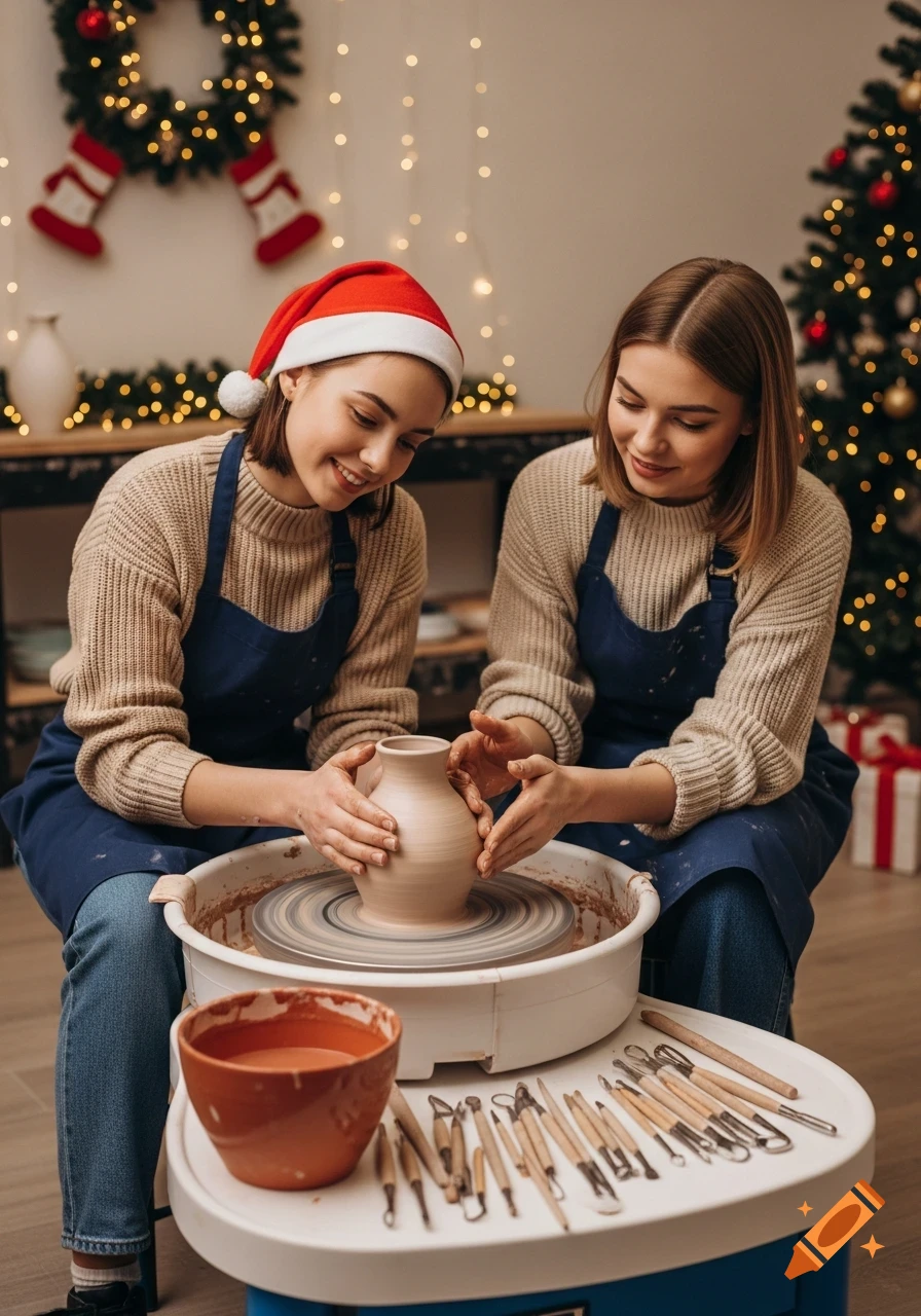 Two young women in aprons making pottery on a wheel in a Christmas-decorated room, surrounded by pottery tools.