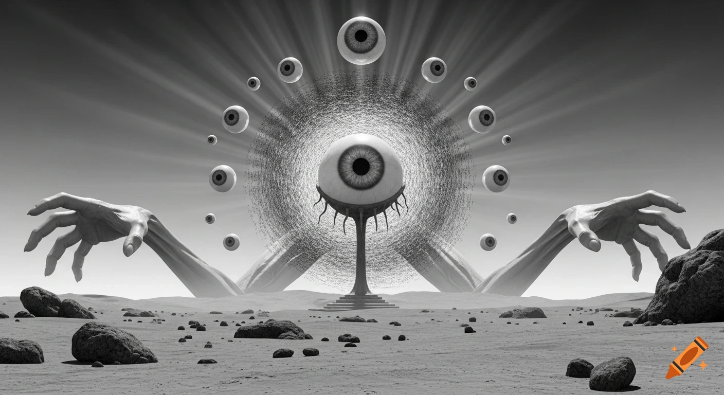 Monochromatic cosmic horror scene with a giant eye on a pedestal radiating energy, surrounded by floating eyeballs and enormous hands reaching out in a barren desert.