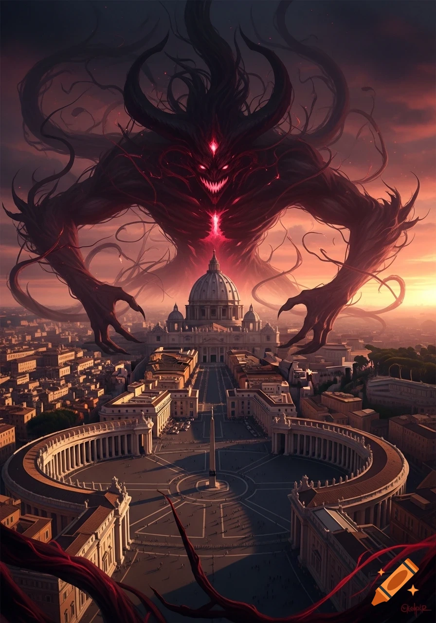 A giant, shadowy red demon with glowing eyes looms ominously over Vatican City and St. Peter's Basilica at sunset.
