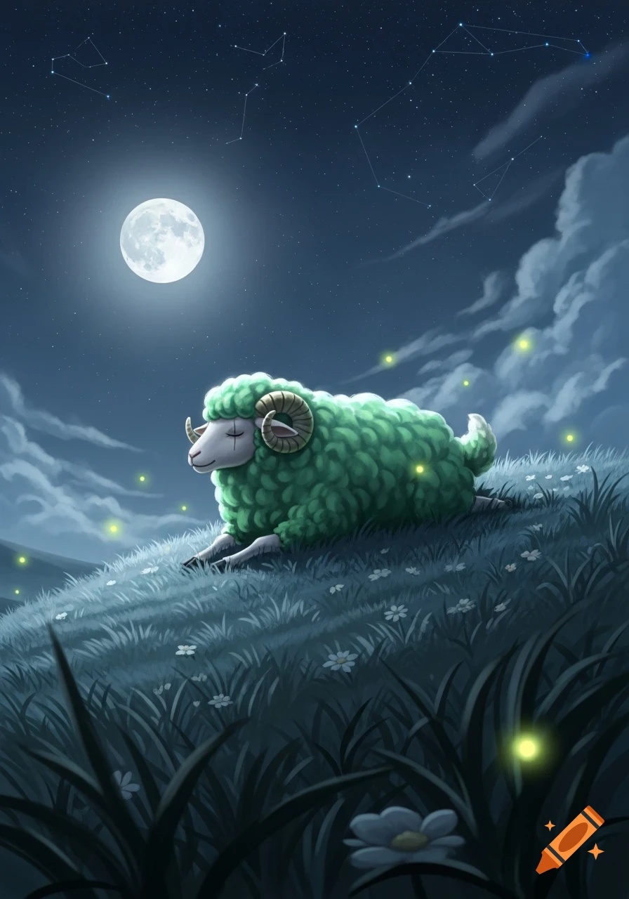 A green sheep with ram horns rests on a moonlit grassy hill under a starry night sky with fireflies.