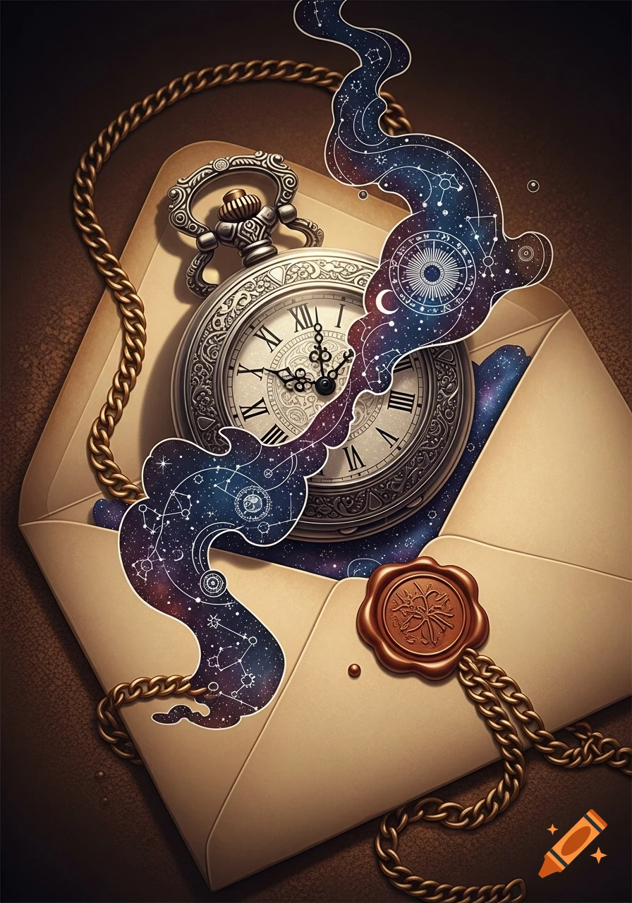 A detailed silver pocket watch with Roman numerals resting on an open beige envelope, adorned with a golden chain, a wax seal, and cosmic patterns emanating from the watch.