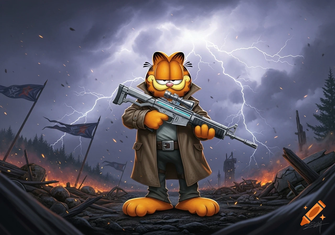 Cartoon Garfield in a trench coat holds a futuristic rifle amid a stormy, war-torn landscape with lightning.