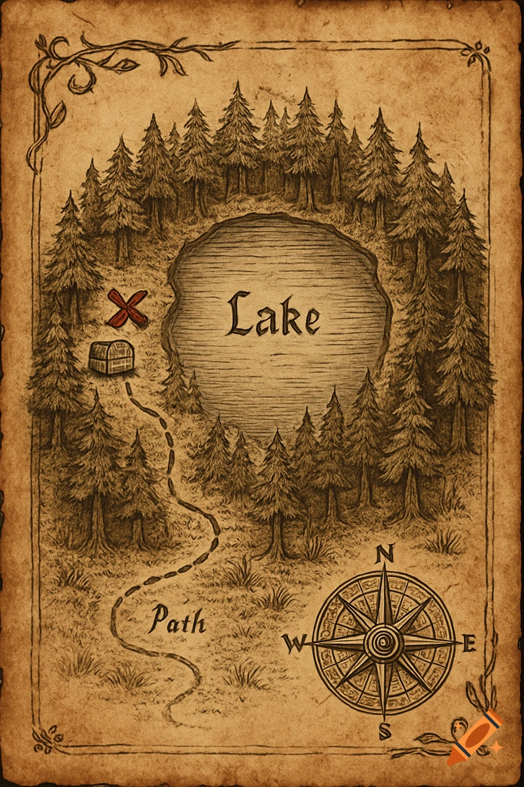 Vintage sepia treasure map with a lake surrounded by a forest, a path leading to an 'X' marking a chest, and a compass rose.