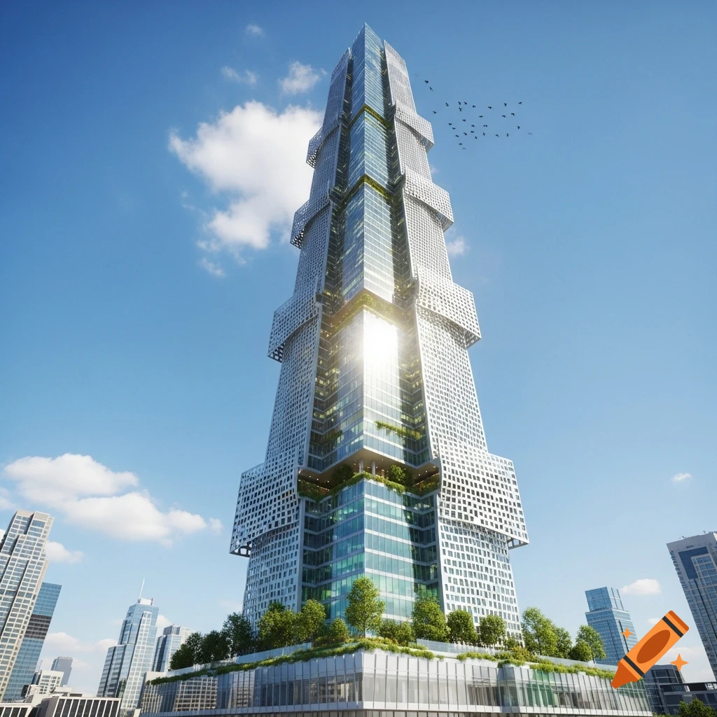 A tall, modern skyscraper with glass facades and green terraces under a bright blue sky, surrounded by other city buildings.