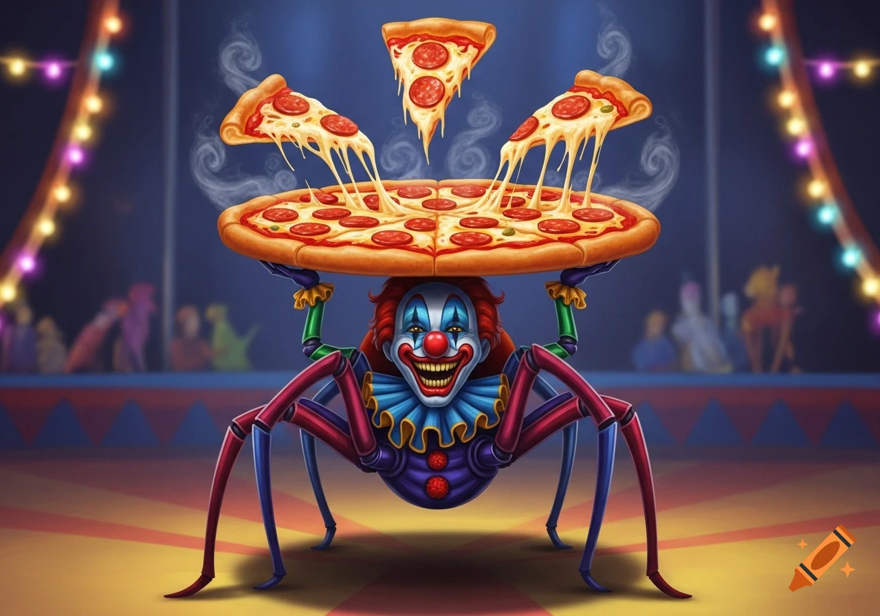 A creepy spider-clown with a ruffled collar smiles while balancing a large pepperoni pizza, with three cheesy slices floating above, in a circus tent.