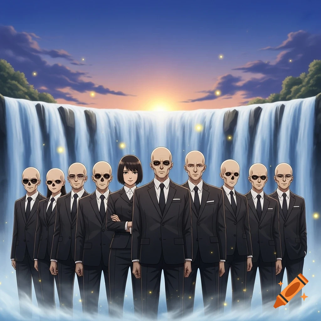 Anime-style group portrait of bald figures in black suits, most with skull-like faces, in front of a waterfall at sunset.