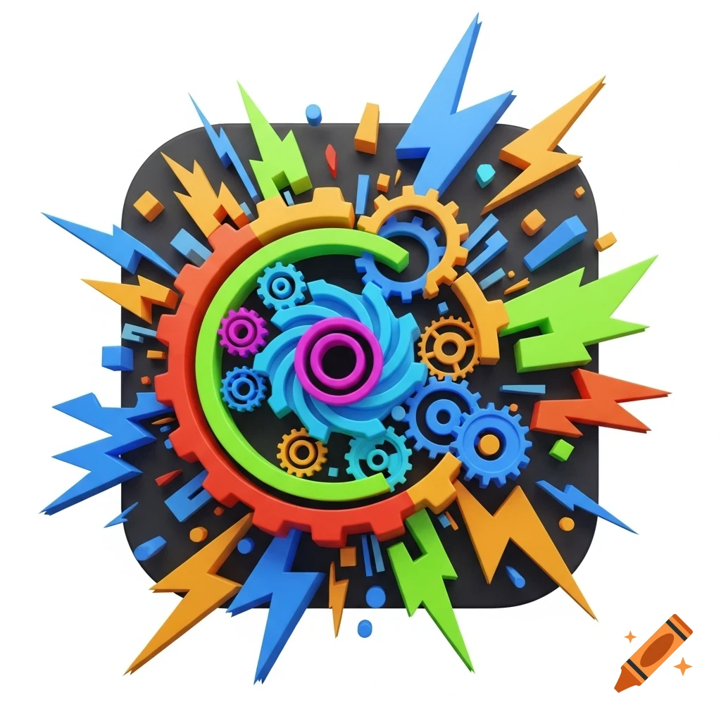 Colorful 3D illustration of gears and lightning bolts bursting from a dark square, representing energy.