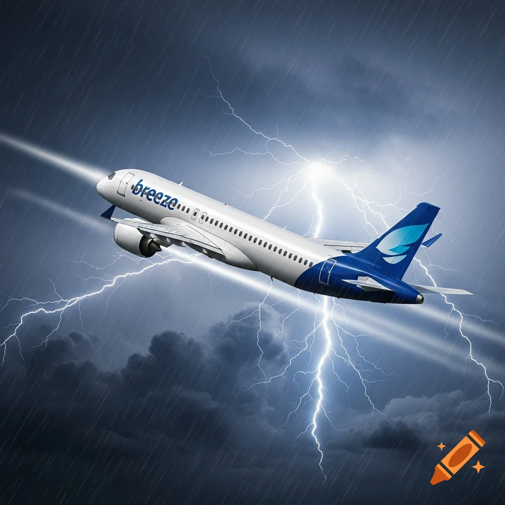 A white and blue Airbus 220 aircraft flies through a dramatic lightning storm with heavy rain.