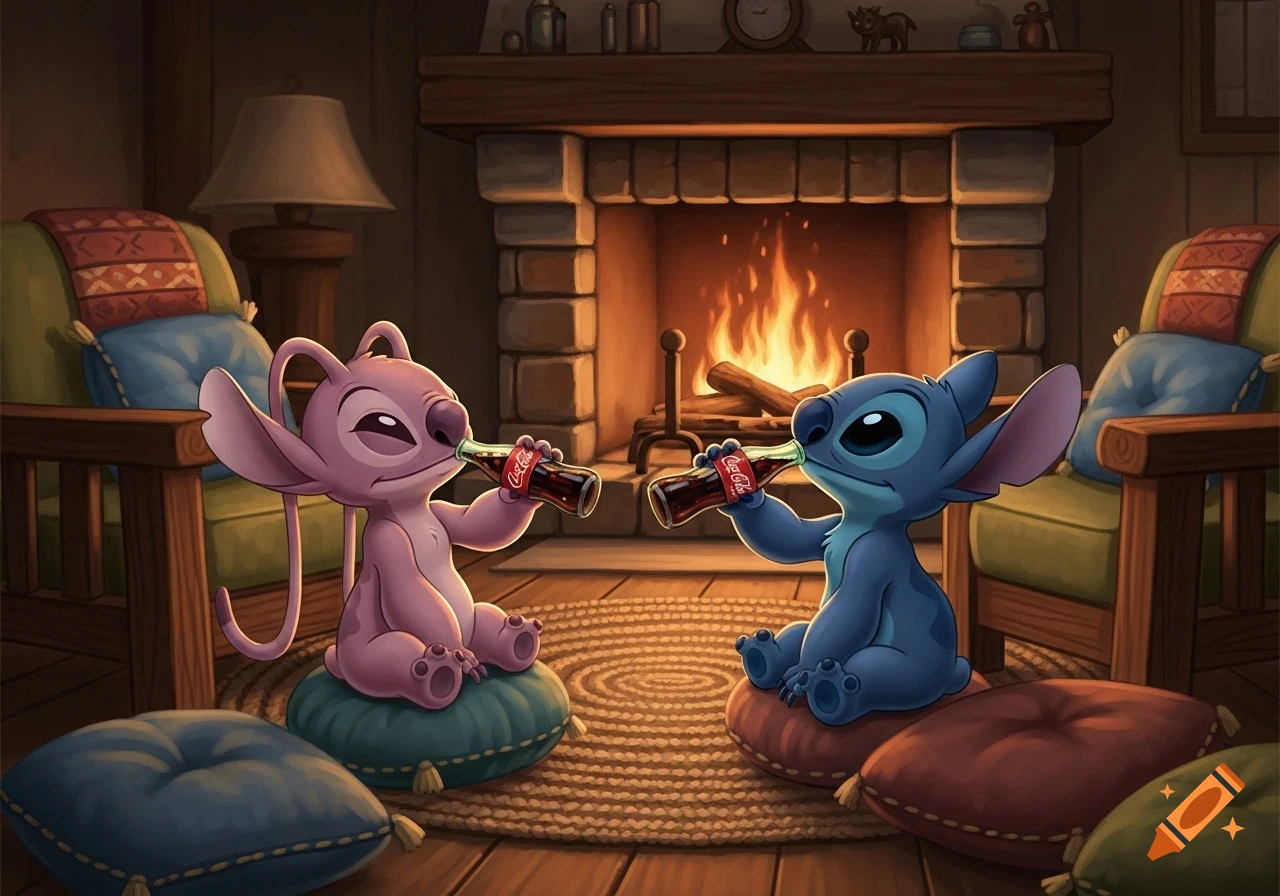 Angel and Stitch, cartoon aliens, sitting on pillows and drinking Coca-Cola by a warm fireplace in a cozy house.
