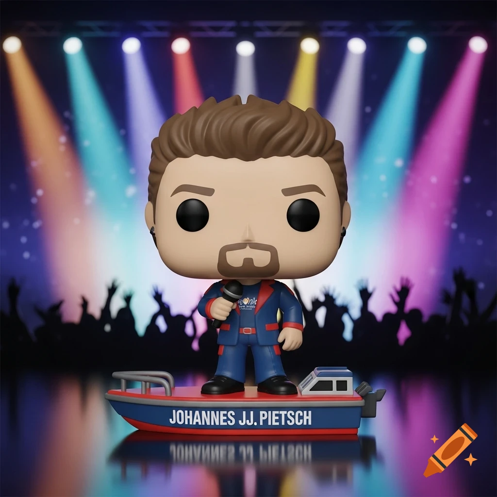A Funko Pop style vinyl figure of a man with a beard, wearing a blue suit, holding a microphone. He stands on a small boat on a stage illuminated by colorful spotlights, with a silhouetted crowd in the background.