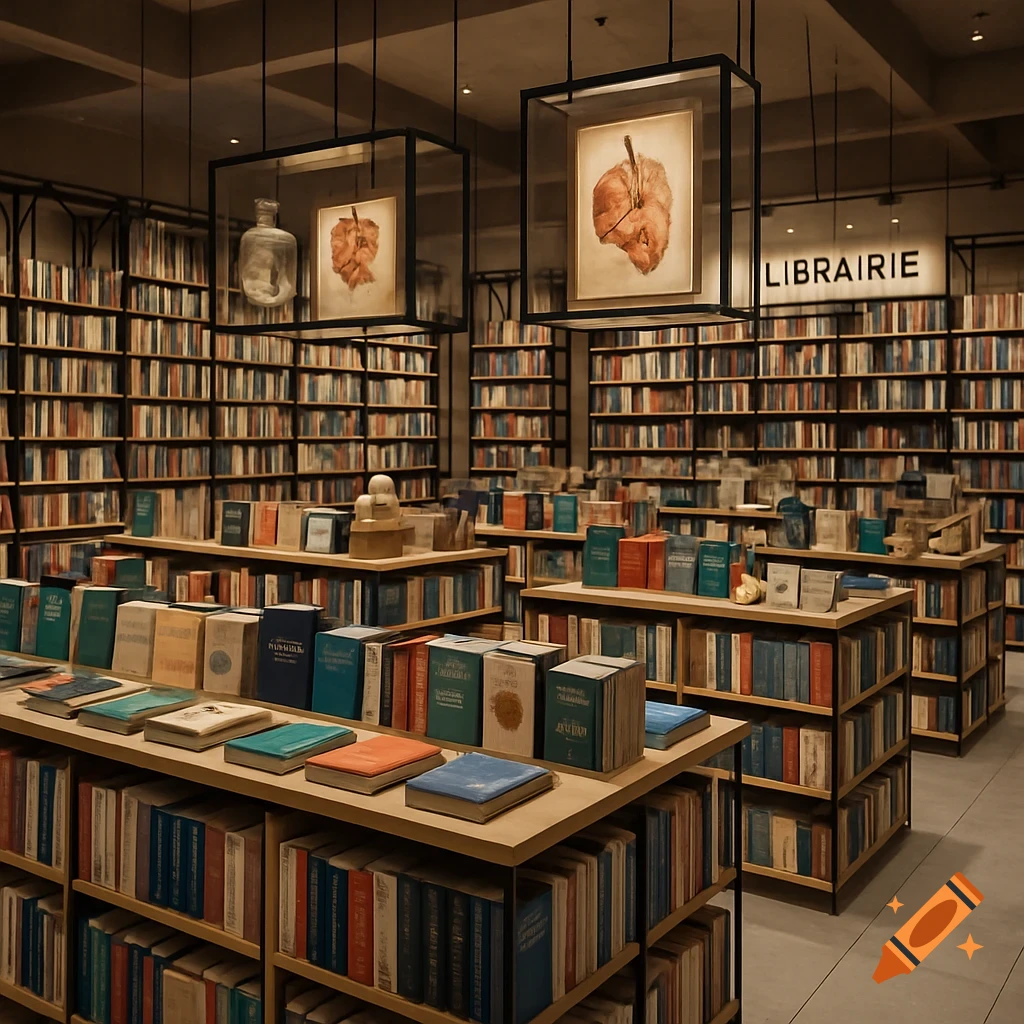 A detailed view inside a stylish bookstore with rows of books, display tables, and framed anatomical drawings hanging from the ceiling.