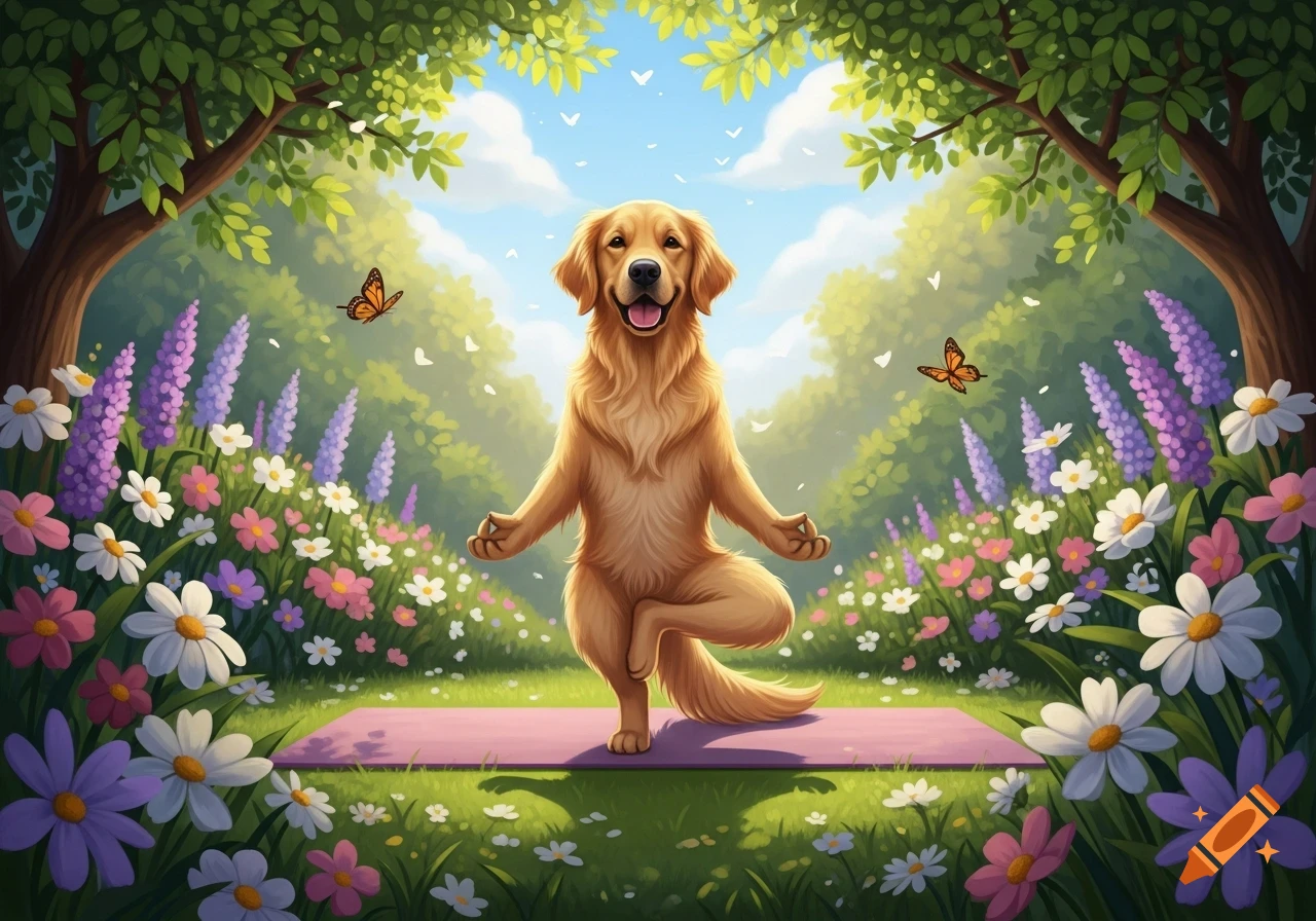A happy golden retriever dog balances on one leg in a yoga tree pose on a pink mat, surrounded by colorful flowers and trees under a blue sky with butterflies.
