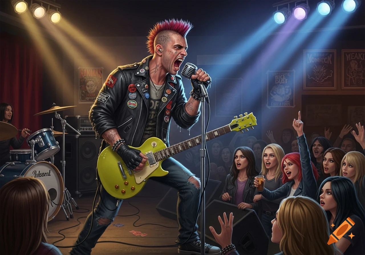 A punk rock singer with a mohawk screams into a microphone while playing a neon-yellow guitar on stage, with a drummer in the background and female fans cheering in front.