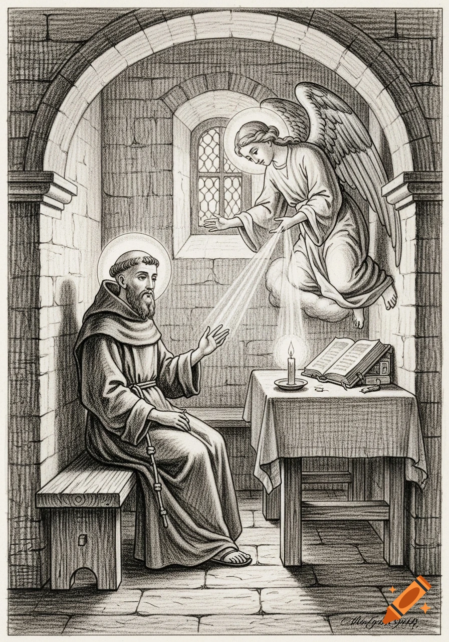 Charcoal drawing of a robed saint in a monastery cell, looking at an angel emitting light above a table with a book and candle.