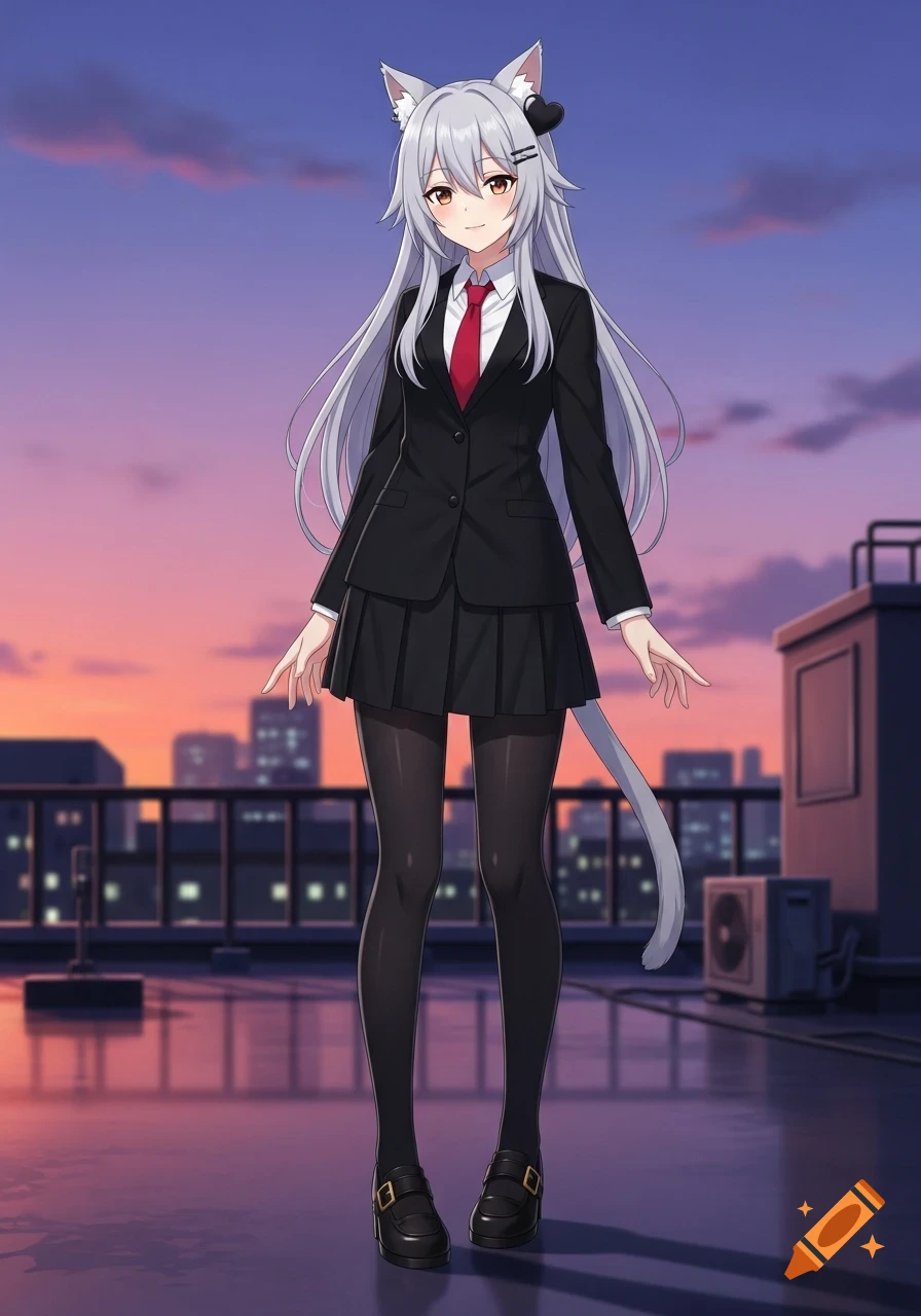Anime catgirl with silver hair, a black suit, red tie, and black leggings stands on a city rooftop at sunset.