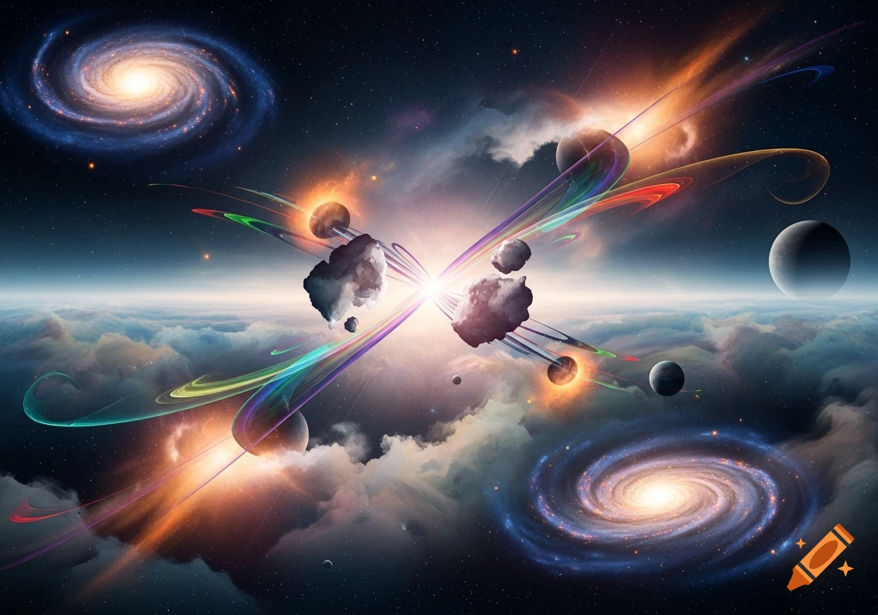 A vibrant cosmic scene with two spiral galaxies, multiple planets, glowing nebulae, and colorful energy streams converging in the center.