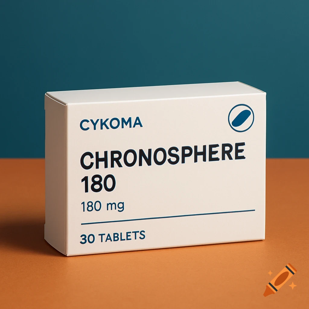 White pharmaceutical box labeled 'CYKOMA CHRONOSPHERE 180' with 180 mg, 30 tablets, on an orange surface with a petrol blue background.