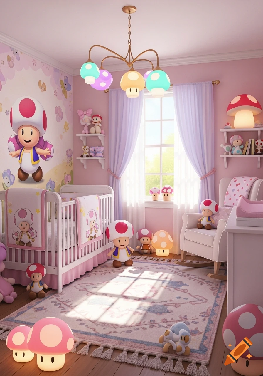 A vibrant pink nursery decorated with Super Mario's Toadette character, mushroom lamps, a crib, and a rocking chair, bathed in sunlight.