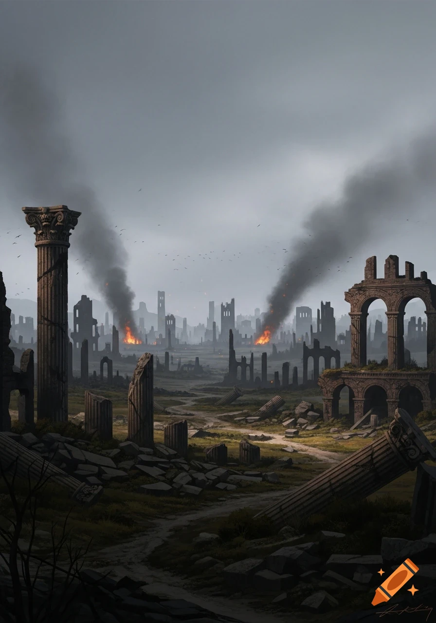 A desolate, war-torn landscape with ancient ruins, broken columns, and smoking fires under a grey sky, with a ruined city in the background.