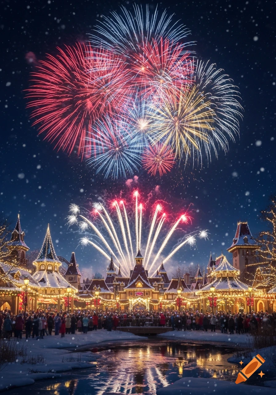 Colorful fireworks explode over a festive, snow-covered theme park with a large crowd gathered by a reflecting pond at night.