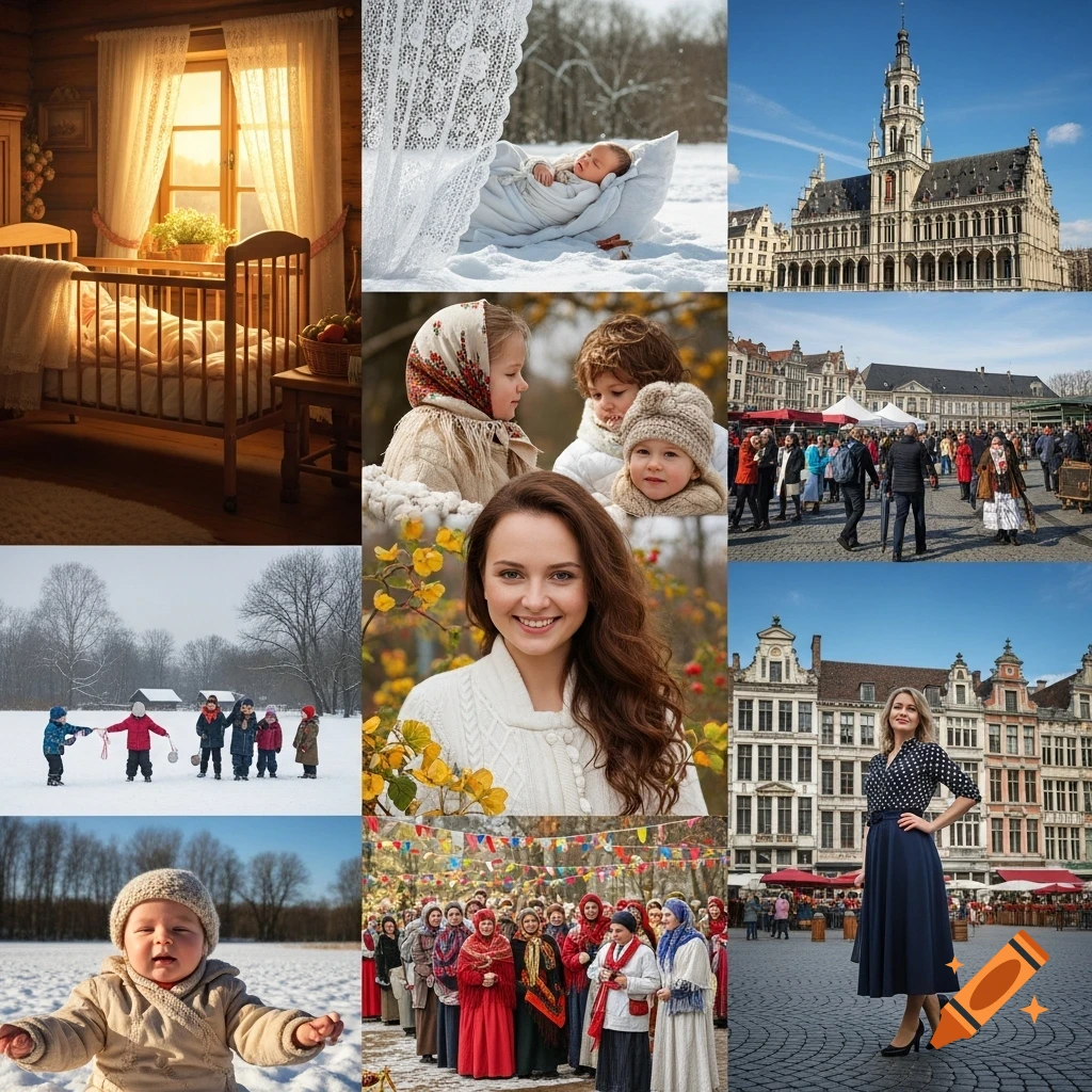 A nine-panel collage depicting a timeline of life: babies, children, and adults in diverse settings like snowy fields and European city squares.