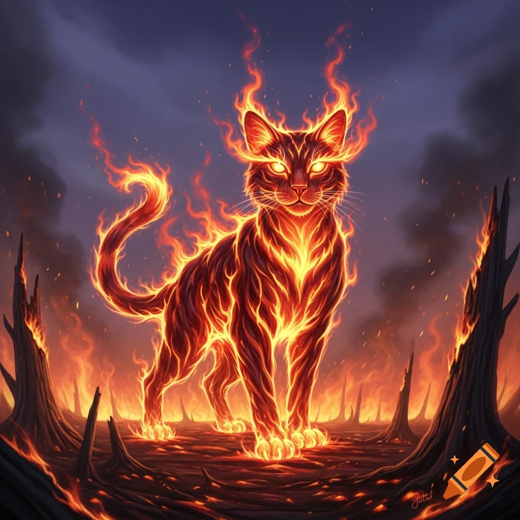 A majestic, glowing fire cat stands in a desolate, burning landscape under a dark, smoky sky, with flames emanating from its body.