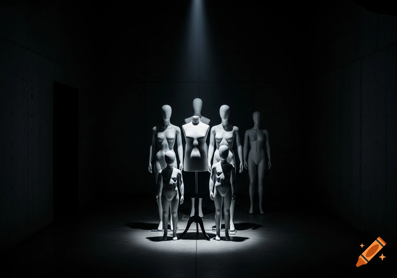 Mannequins in a dark room illuminated by a single spotlight.