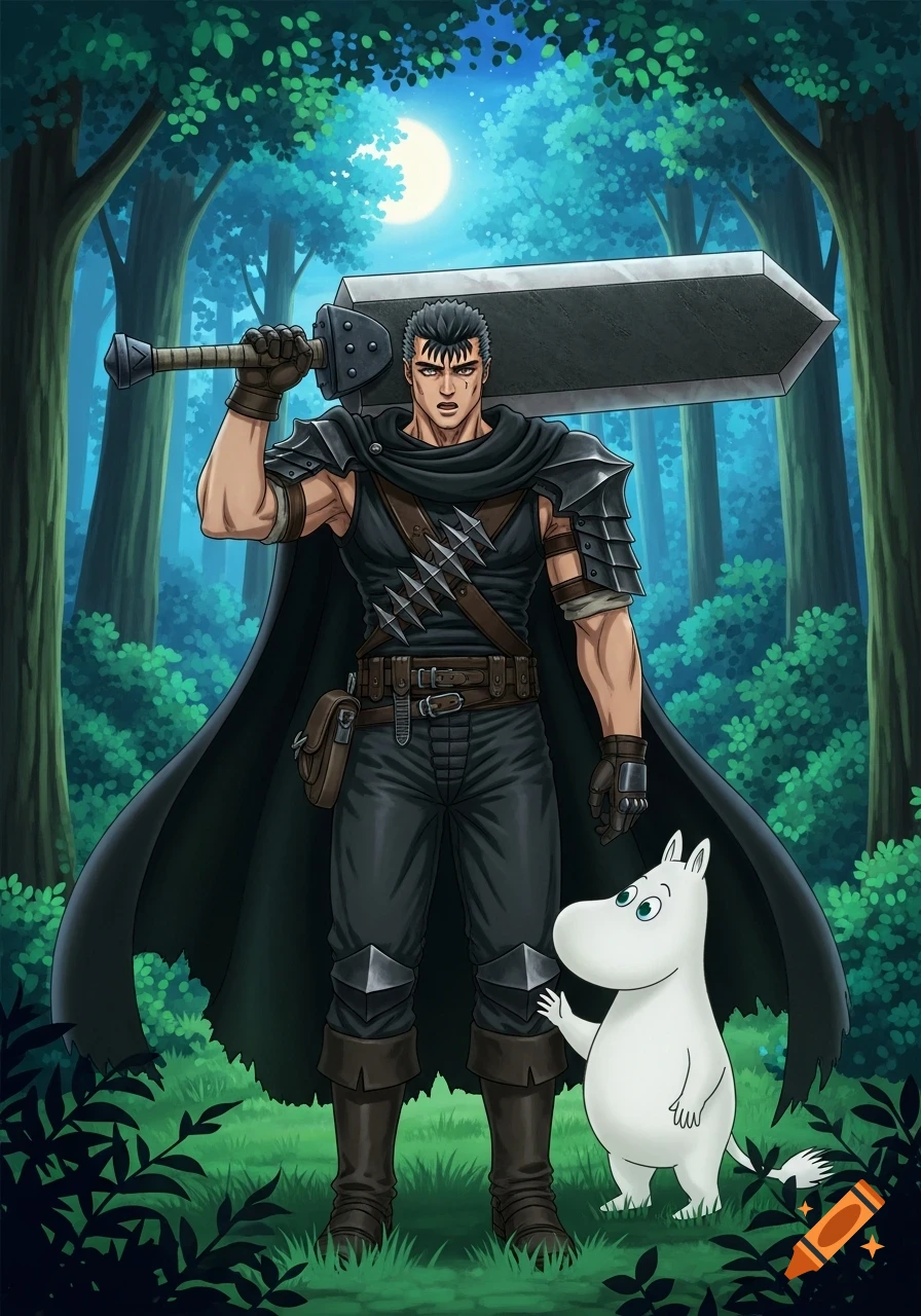 Guts from Berserk holding a massive sword on his shoulder, standing beside Moomintroll waving in a moonlit forest, anime style.