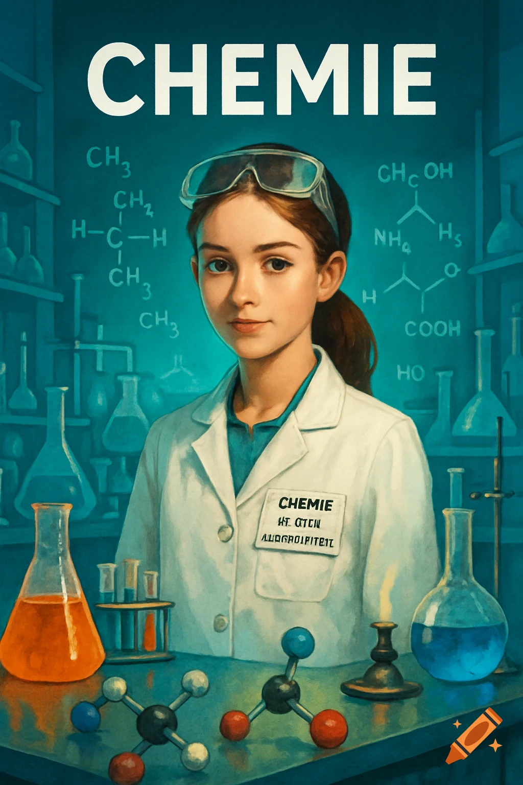 An illustration of a young female chemist in a lab coat and safety goggles, standing in a chemistry laboratory with lab equipment and chemical formulas.