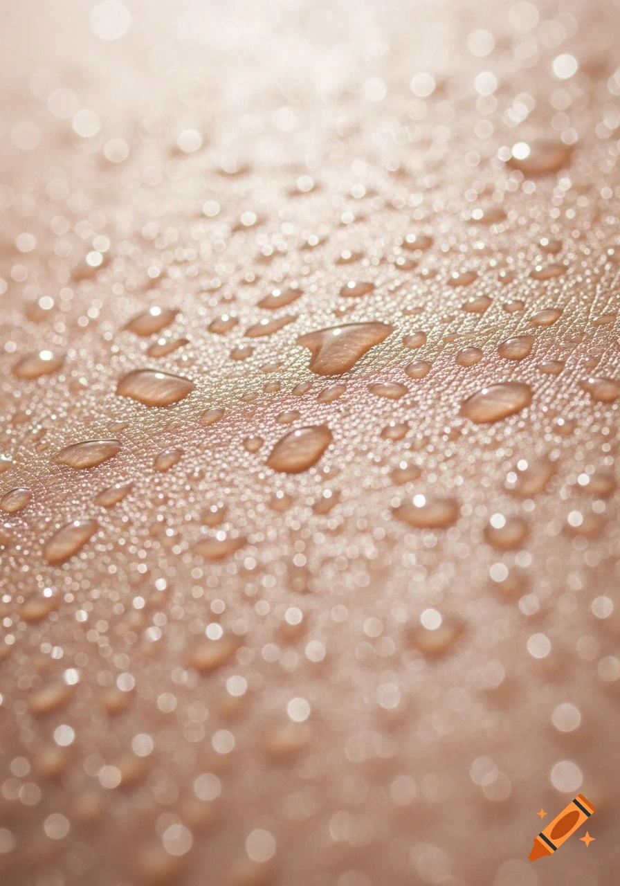 Close-up macro shot of skin covered in many clear water droplets with bokeh lighting.