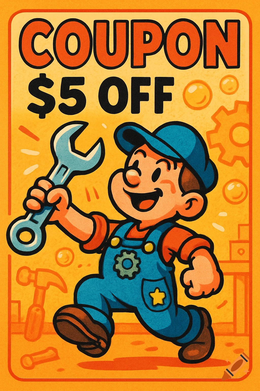 A retro cartoon style coupon featuring a smiling mechanic in overalls holding a wrench, with 'COUPON $5 OFF' text.