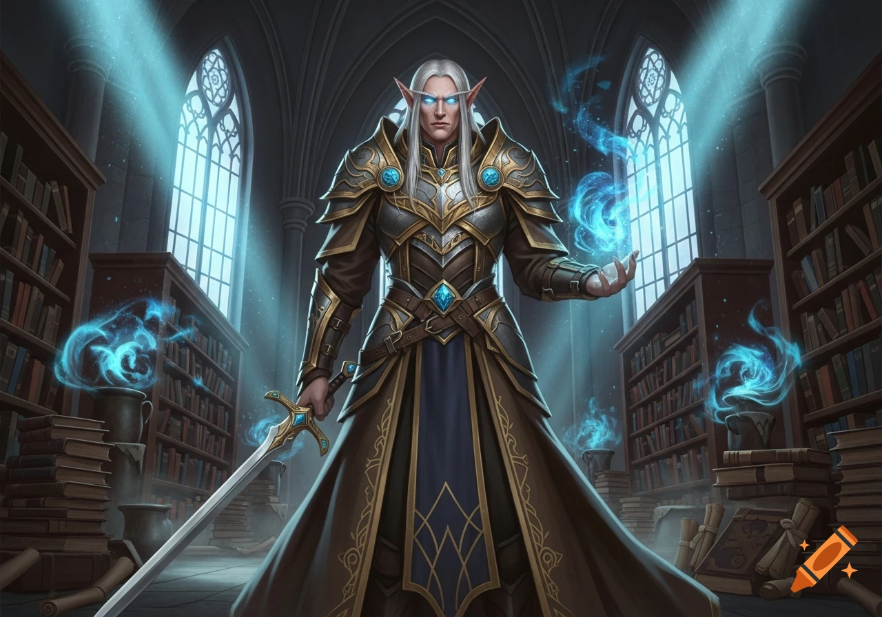 A high elf wizard with white hair, glowing blue eyes, and ornate armor, holding a sword and casting blue magic in a grand library.