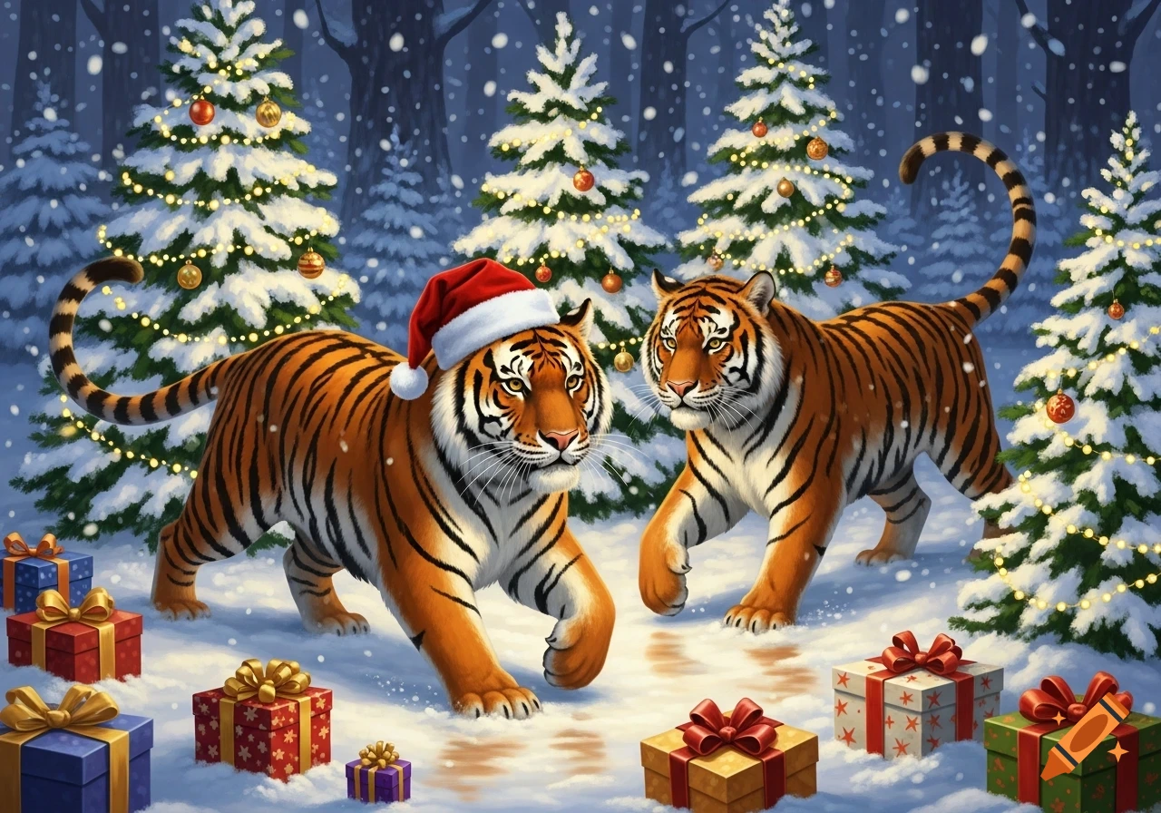 Two tigers in a snowy forest with decorated Christmas trees and gifts, one wearing a Santa hat, in an illustrative style.